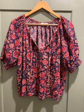 NATURAL LIFE Navy Floral Peasant Blouse with Red Accents